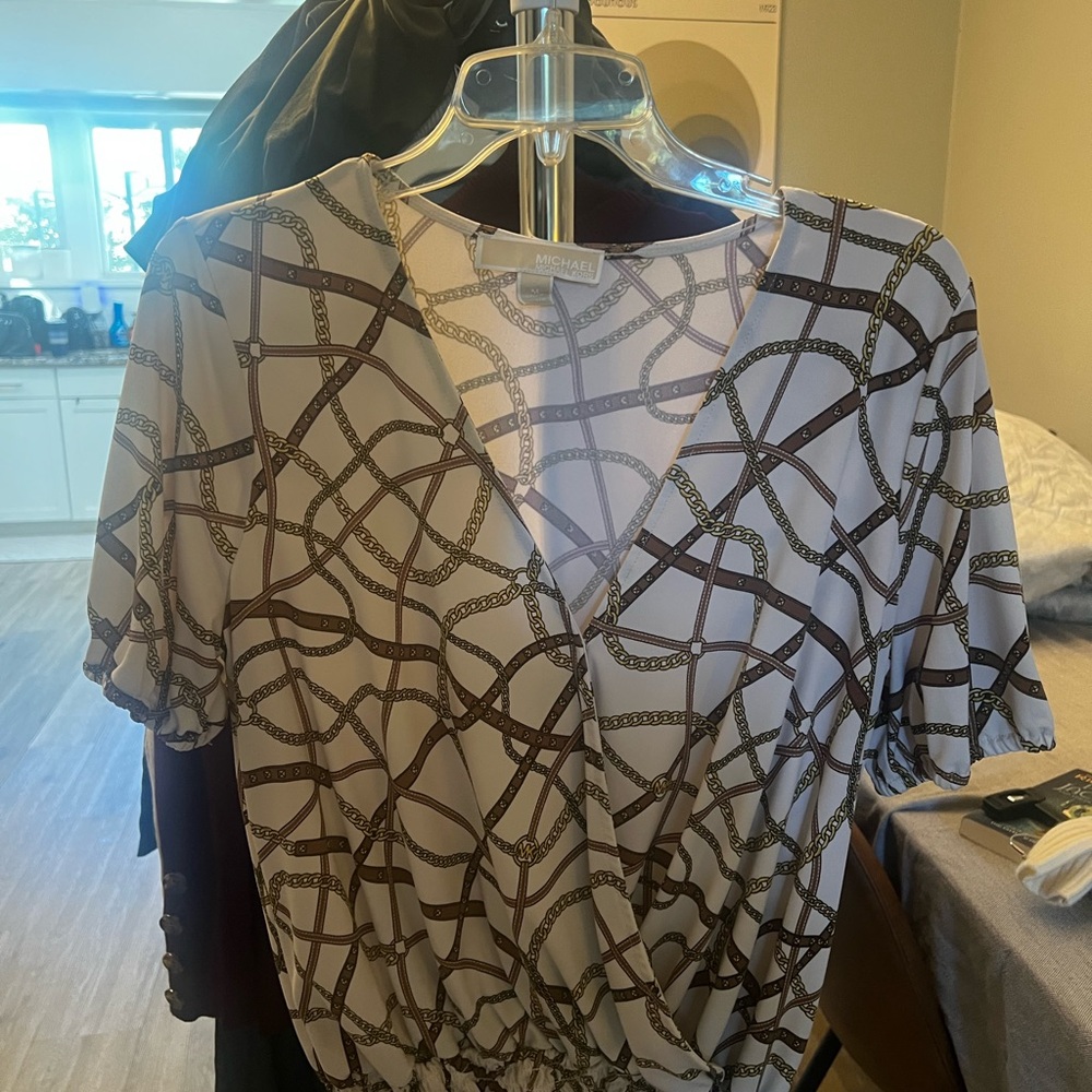 Michael Kors White and Brown Chain Print Blouse